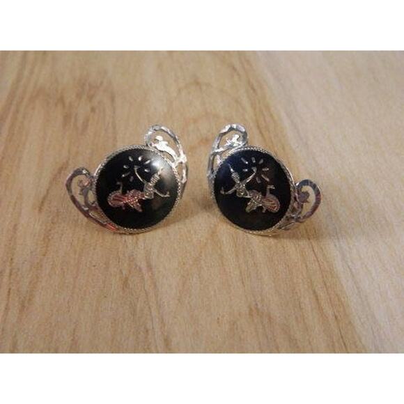 Vintage Siam Sterling Silver Screw Back Earrings, Thailand Niello Goddess - Picture 5 of 5